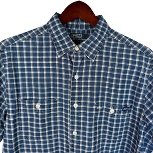 VTG Polo Ralph Lauren Shipyard Supply Shirt Mens L‎ Blue Plaid Short Sleeve